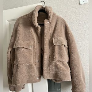 Zara Textured Fleece Button Jacket in Beige